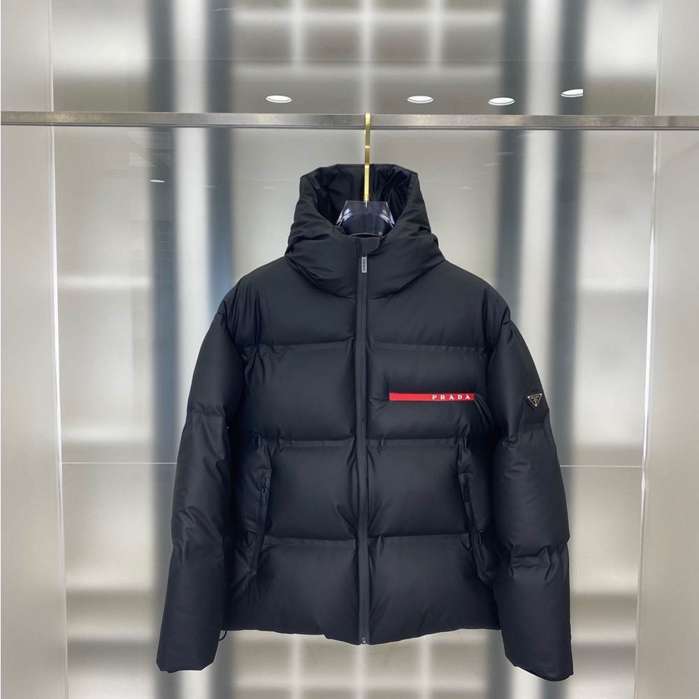 Prada Black Puffer Jacket with Red Logo Accent
